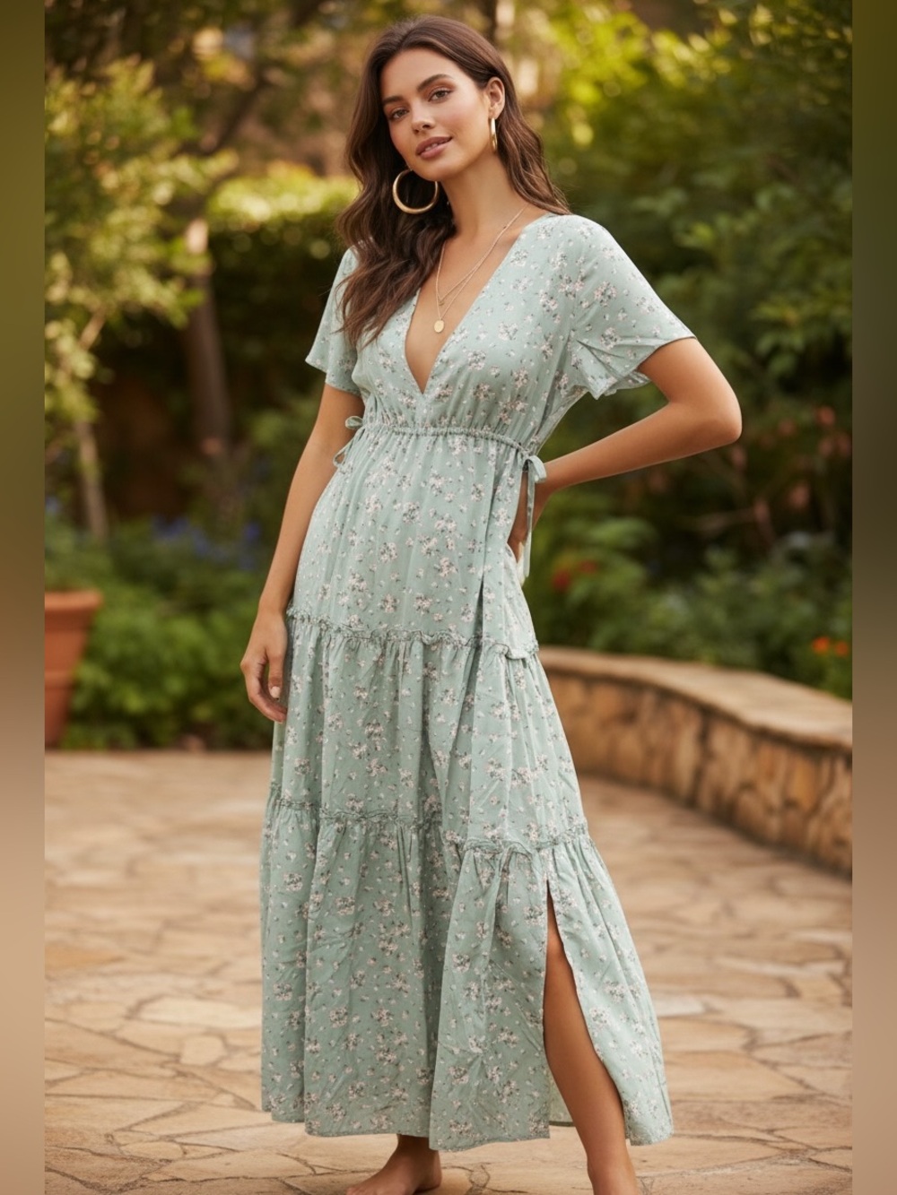 NEW Dainty Floral Print V-Neck Midi Dress Empire High Waist Flutter Sleeve Women